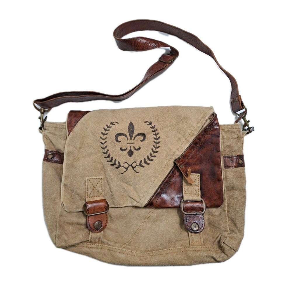 Canvas Leather Brown Messenger Bag Purse Oklahoma Fleur De Lis Khaki